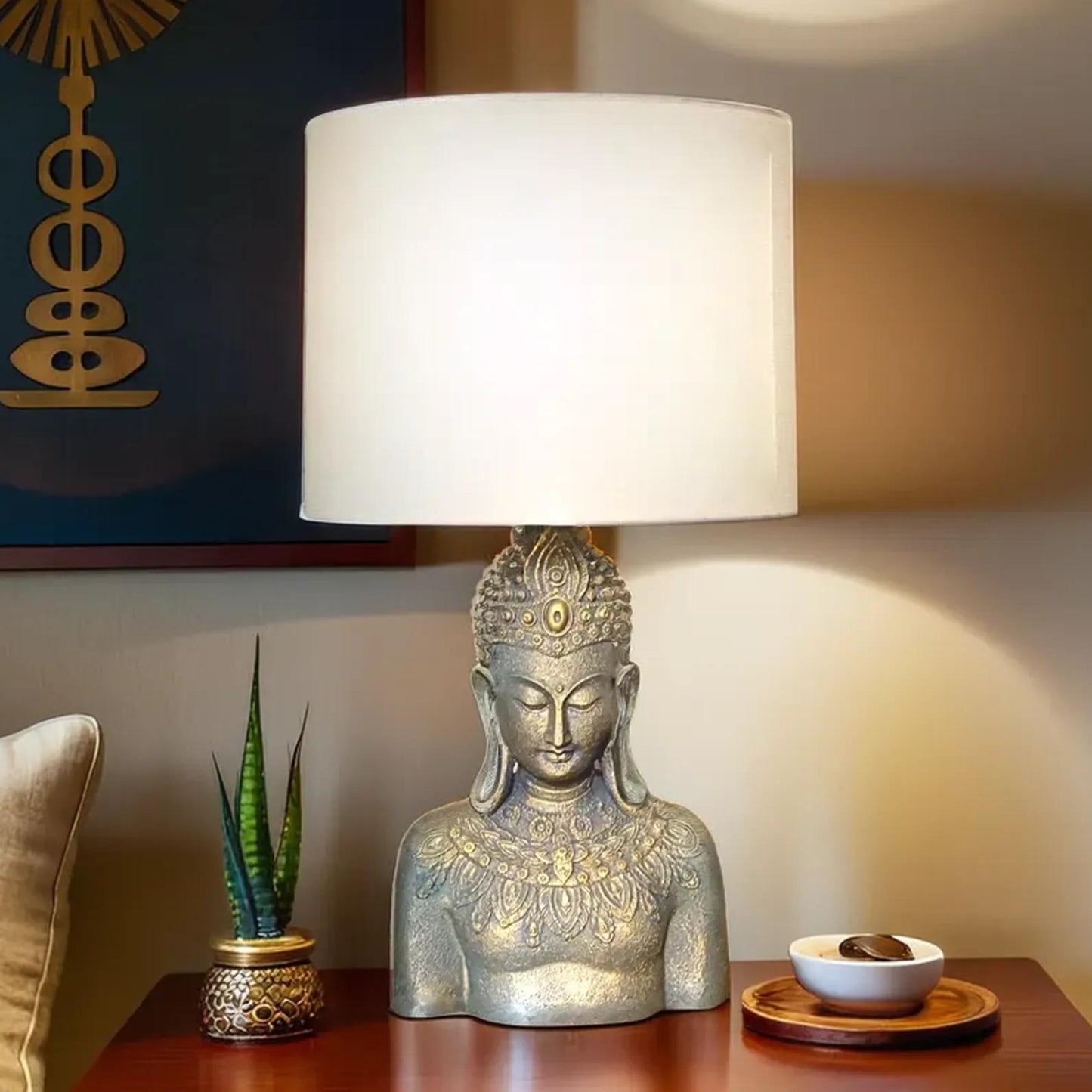 High-Quality Resin Buddha Lamp with Textured Cotton Shade