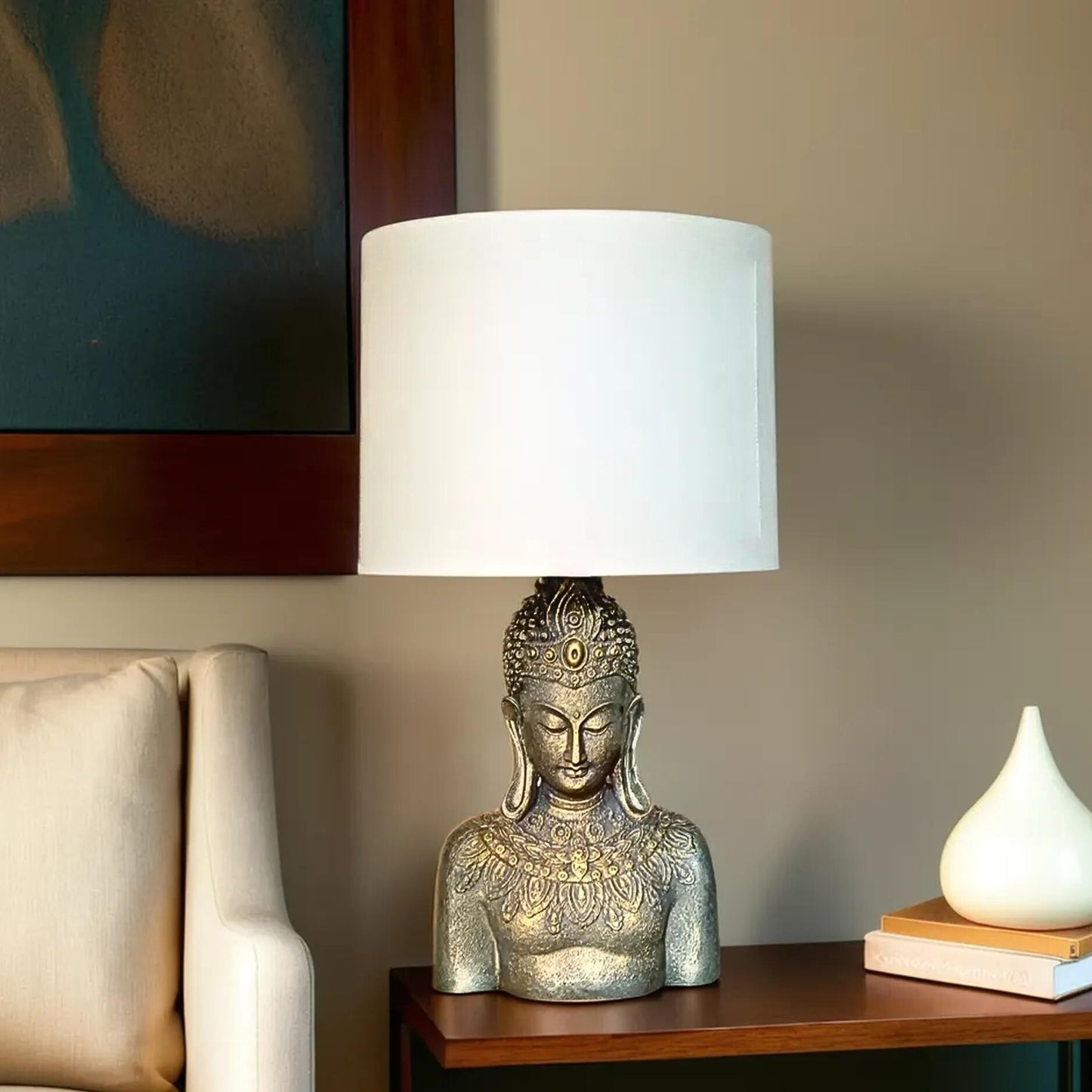 Divine Buddha Lamp with Textured Cotton Shade for Living Room