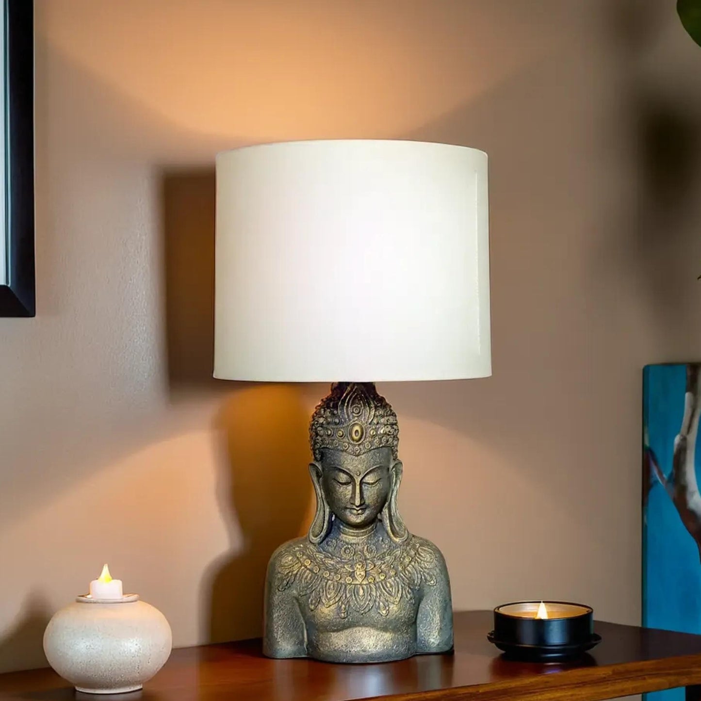 Rustic Buddha Table Lamp with High-Quality Cotton Shade