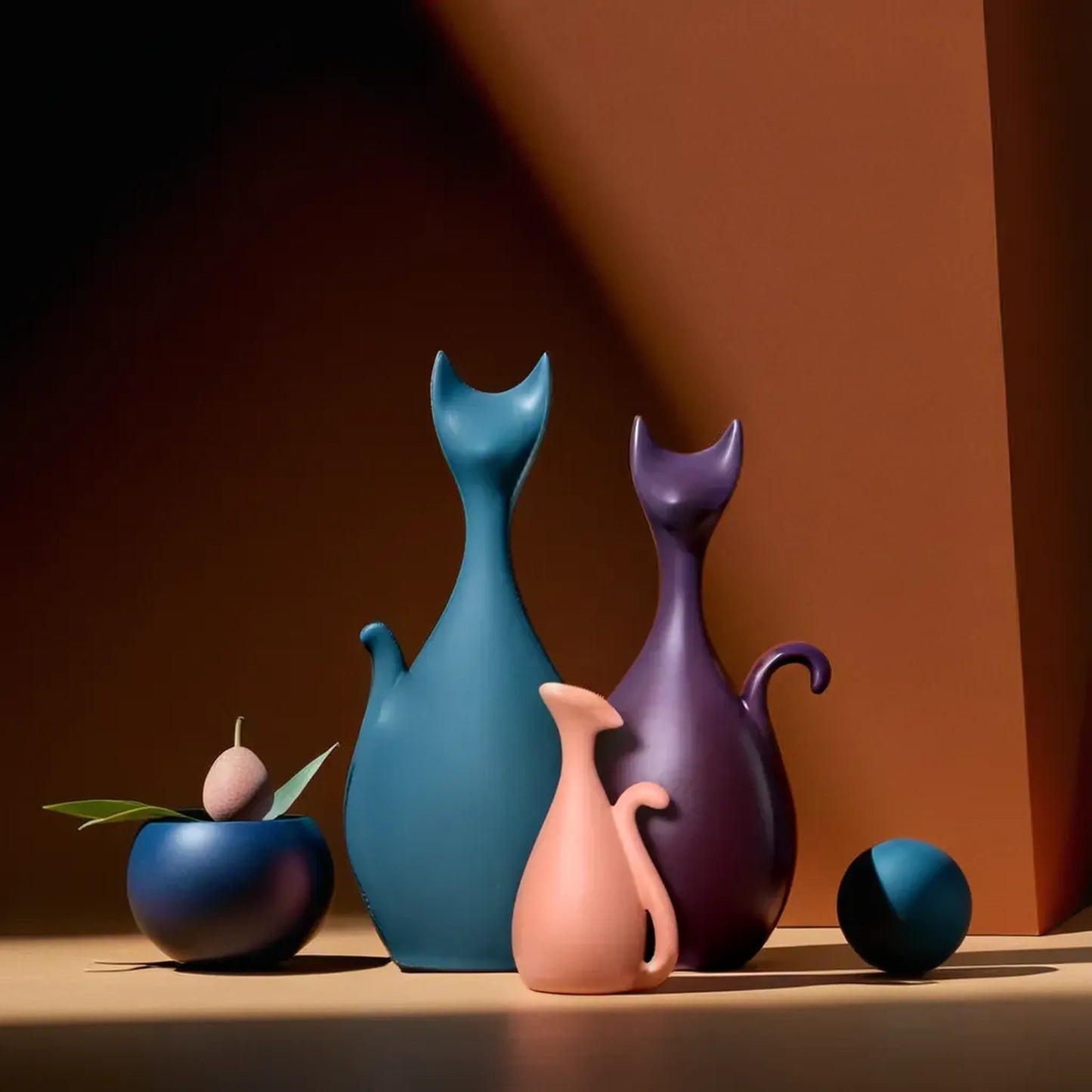 Modern Cat Family Sculpture Trio for Tables