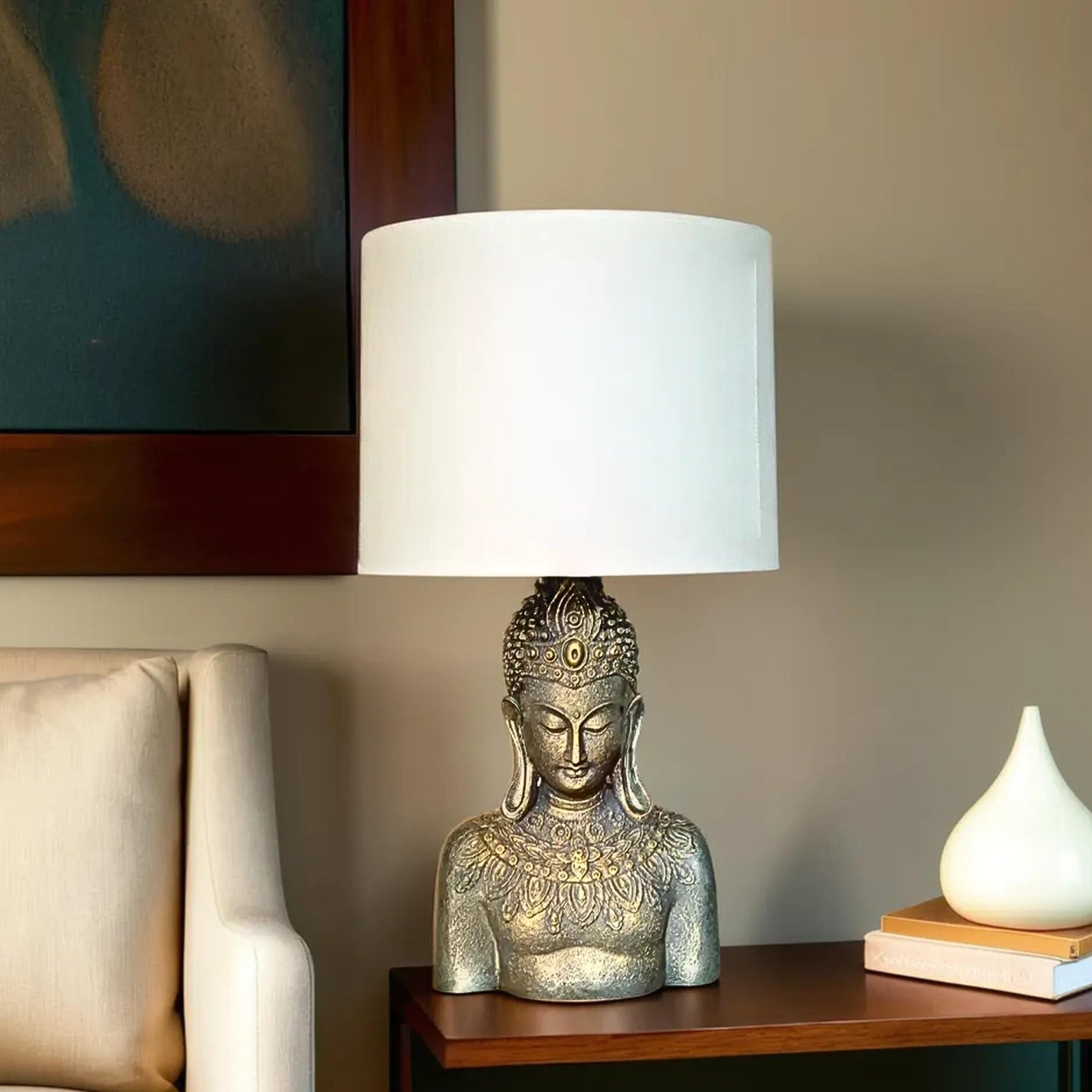Divine Buddha Lamp with Textured Cotton Shade for Living Room